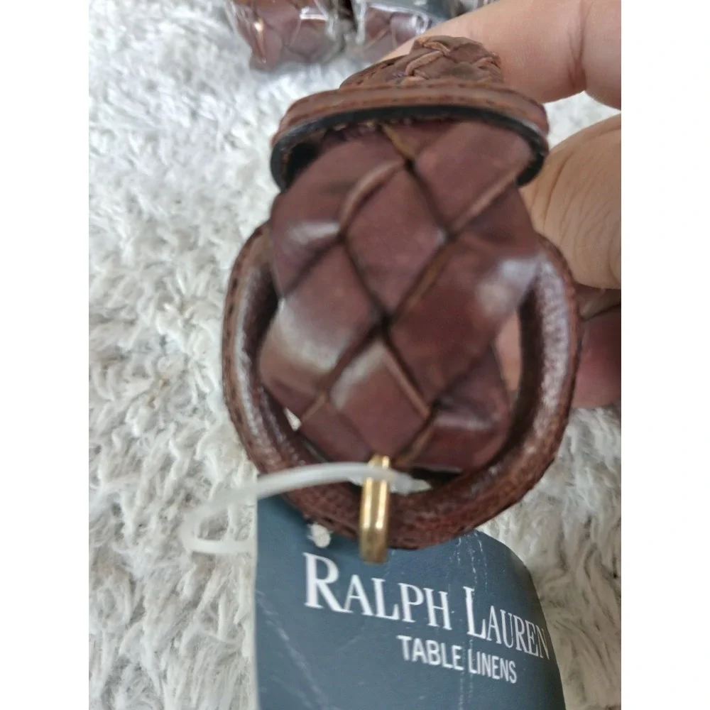 NWT Polo Ralph Lauren Brown Braided Leather Buckle Napkin Rings Set Of 4 Western